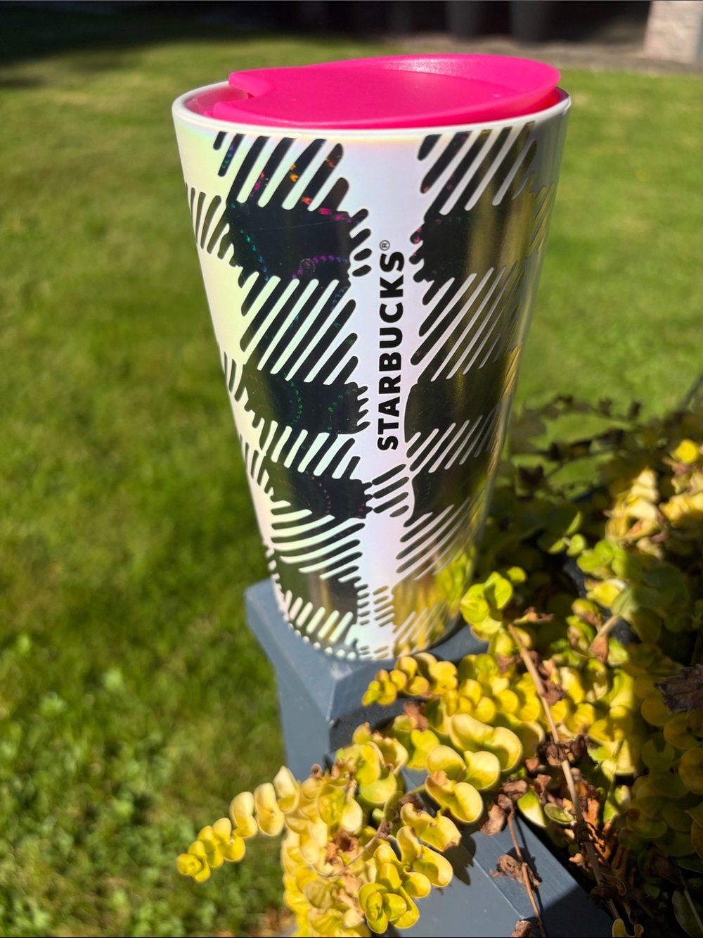 Starbucks Iridescent White Tumbler with Hot Pink Lid and Black Pattern